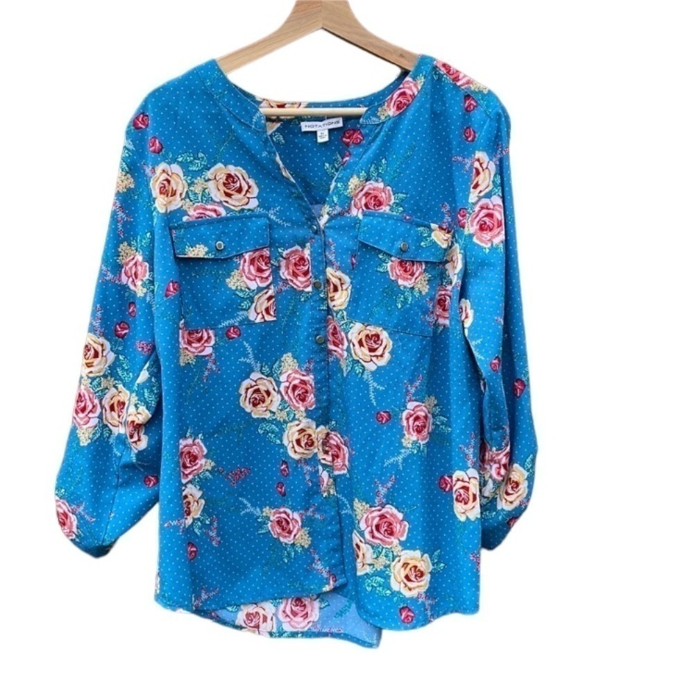 Notations XL blue floral button down blouse